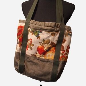 Handmade fall tote bag with fruit and floral print on cream background